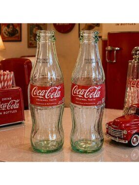 Two Empty Coca-Cola Glass Bottles 8 Fl Oz Collectible Retro Kitchen Decor